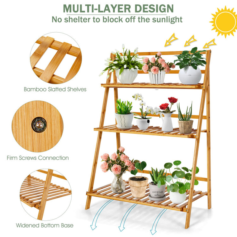 3-Tier Bamboo Plant Stand Foldable Display Shelf for Balcony